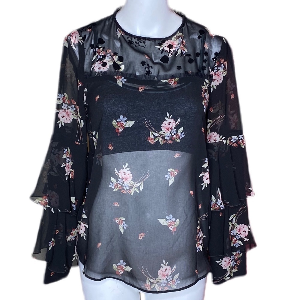 Zara Basic Z1975 Denim Top Sheer Floral Black Small